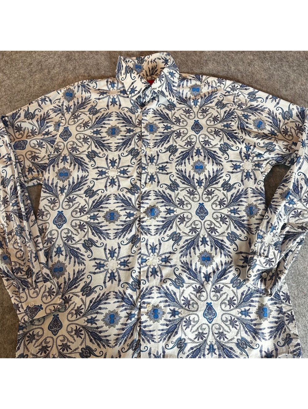 Saks Fifth Avenue Floral Button Shirt Boho 100% Cotton Cottage Blue White L